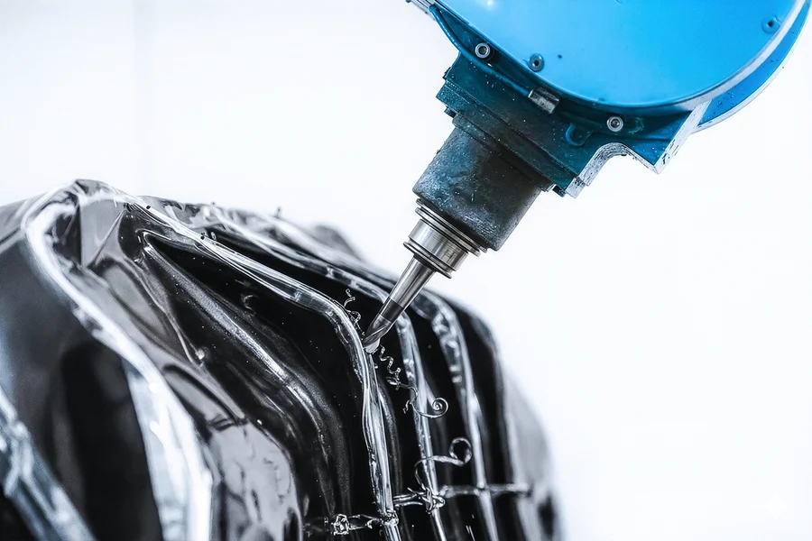 Gros plan d'usinage CNC sur du matériau ABS noir